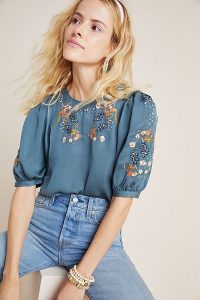 Dolan Left Coast Khalo Embroidered Blouse Light-Blue / puff sleeved blouses