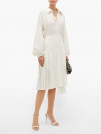 FENDI Balloon-sleeve Swiss-dot silk midi dress in white ~ chic shirt dresses