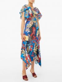 PETER PILOTTO Cape-sleeve blue floral-print silk midi dress ~ evening event clothing