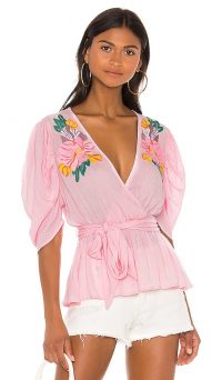 Cleobella Sienna Blouse Pink / floral embroidered ruched sleeve blouses