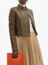 BOTTEGA VENETA Cropped khaki-green leather biker jacket ~ casual luxe