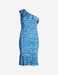 DIANE VON FURSTENBERG Aerin one-shoulder ruched floral-print woven mini dress in ditsy vines baja blue