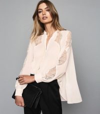 REISS FIANNA LACE DETAILED SEMI SHEER BLOUSE NUDE ~ luxe blouses