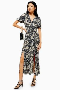 TOPSHOP Floral Print Ruffle Midi Dress in Navy Blue / double front split summer dresses