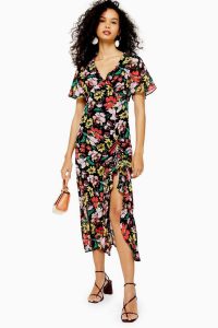 TOPSHOP Floral V Neck Angel Sleeve Dress Black