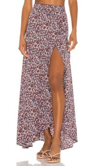 FLYNN SKYE Wrap It Up Skirt in Black Floral / front split maxi skirts