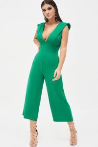 LAVISH ALICE folded front ruffle back culotte leg jumpsuit in emerald green ~ plunge front and cropped leg jumpsuits