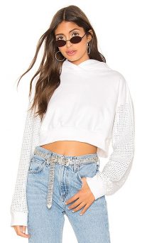 Frankie B Kylie Cropped Hoodie in White / crystal embellished hoodies / sports luxe hooded top