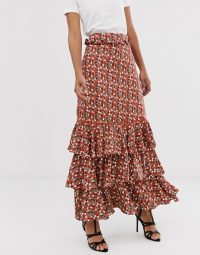 Glamorous Tall midi skirt with ruffle layers in red ditsy floral