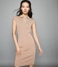 REISS HAILEY BUTTON COLLAR KNITTED DRESS NUDE ~ luxe style knits