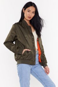 NASTY GAL I’m Your Cherry Bomber Oversized Jacket in Khaki