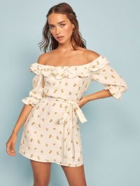 REFORMATION Indio Dress Rosebud / ruffled off the shoulder mini