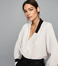 REISS JASMINA WRAP FRONT BLOUSE WHITE/ BLACK