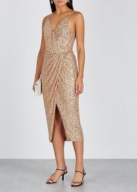 JONATHAN SIMKHAI Gold sequin midi dress ~ strappy wrap style event dresses