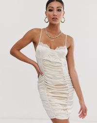 Missguided satin ruched mini dress in champagne – luxe style going out dresses