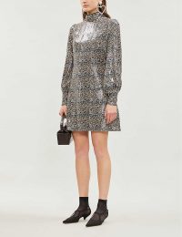 OLIVIA RUBIN Melissa leopard print sequinned mini dress ~ sequin embellished high neck dresses