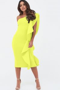 LAVISH ALICE one shoulder scuba exaggerated frill midi dress in neon yellow ~ bright and bold