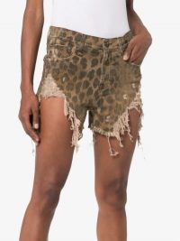 R13 Shredded Slouch Leopard Print Denim Shorts in Brown