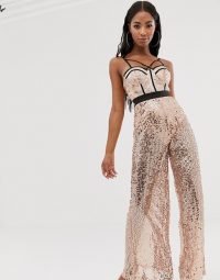 Rare sequin leg bustier jumpsuit in dusty pink / shimmering strappy front jumpsuits