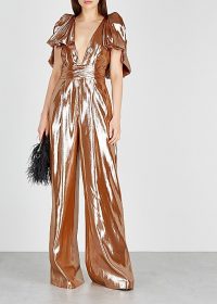 ROLAND MOURET Mooreland rose gold silk-blend jumpsuit ~ metallic plunge front jumpsuits ~ event glamour