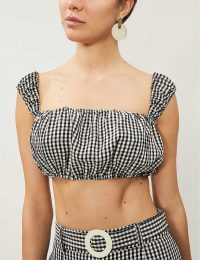 SOLID & STRIPED Gingham puff-sleeve crepe crop top in black and white ~ cropped summer tops