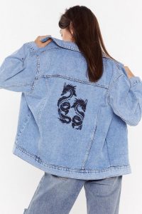 NASTY GAL Taming the Dragon Denim Jacket in Mid Blue – casual oversized jackets