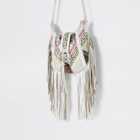 RIVER ISLAND White leather animal print tassel bag / boho shoulder bags