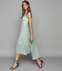 REISS AIDEEN LACE DETAIL PLEATED MIDI DRESS SAGE GREEN