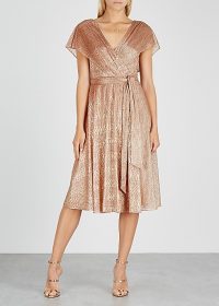 ALICE + OLIVIA Darva rose gold fine-knit wrap dress / shimmering flutter sleeve dresses