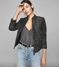 REISS ALLIE SUEDE BIKER JACKET CHARCOAL