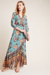 Farm Rio for Anthropologie Viera Wrap Dress Blue Green / floral maxi