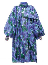 RICHARD QUINN Balloon-sleeve floral-print georgette dress ~ blue high neck dresses ~ crystal cuffs