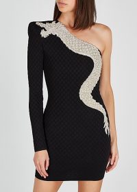 BALMAIN Black dragon-embellished jersey mini dress / one shoulder lbd