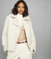 REISS CLARICE REVERSIBLE CURLY SHEARLING JACKET CREAM ~ casual luxe