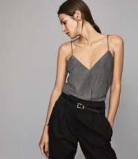 REISS CLAUDIA METALLIC WRAP FRONT CAMI CHARCOAL