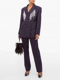 CHRISTOPHER KANE Faux pearl-fringed double-breasted wool blazer ~ embellished navy-blue jacket