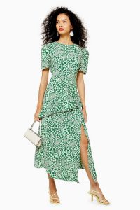 TOPSHOP Floral Slit Ruffle Midi Dress in Green / summer vintage look