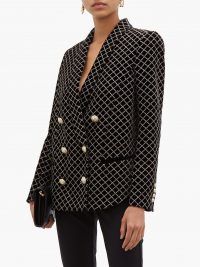 BALMAIN Glitter-grid double-breasted black velvet blazer