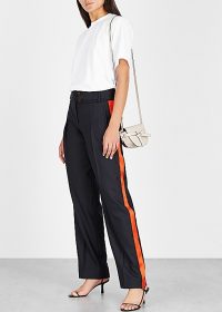 VICTORIA, VICTORIA BECKHAM Side stripe navy twill trousers ~ dark-blue red striped pants