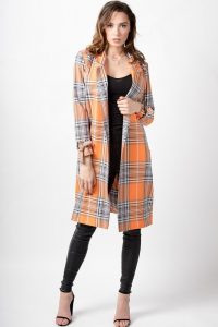 LOVE Willow Below Knee Jacket in Orange Grey Check ~ longline jackets