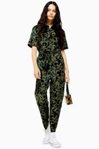 TOPSHOP Animal Print Jumpsuit in Khaki