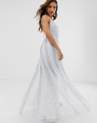 ASOS DESIGN cami strap maxi dress in mesh with embellished sequin godet panels in pale-blue / shimmering occasion gown