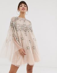 ASOS DESIGN cape mini dress in linear and floral pearl and sequin / party princess dresses