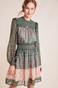 ANTHROPOLOGIE Rhiannon Floral Midi Dress Green Motif / smocked fashion