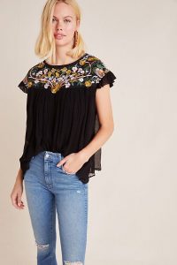 Seen Worn Kept Bethany Embroidered Blouse in Black / pretty flutter sleeve blouses