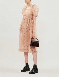 BAUM UND PFERDGARTEN Adelaide sheer organza midi dress in peach flower / puff sleeved / wrap over style