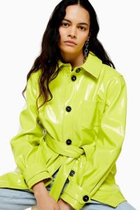 TOPSHOP CHICAGO Neon Lime Belted Vinyl Coat / high-shine coats