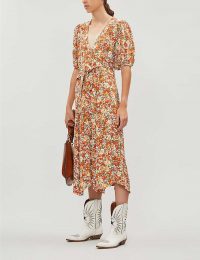 FAITHFULL THE BRAND Delia floral-print crepe midi dress / front waist tie tea dresses