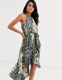 Forever U Collection halter neck wrap tie ruffle dress in multi snake print / floaty asymmetric hem dresses