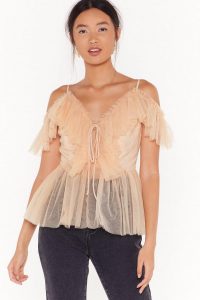 NASTY GAL Frill I’m Gone Mesh Lace-Up Top in Blush ~ semi sheer thin strap tops